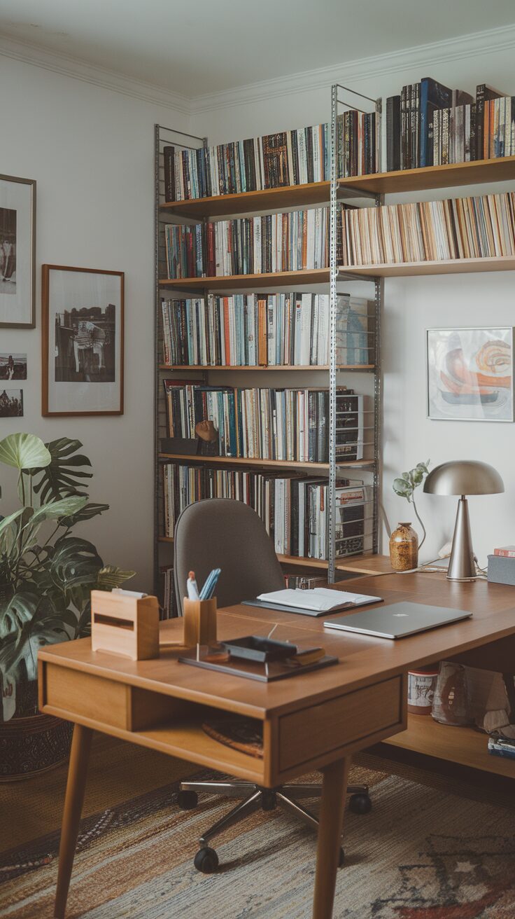 A modern home office setup featuring a wooden desk, comfortable chair, organized bookshelf with books, and decorative plants.