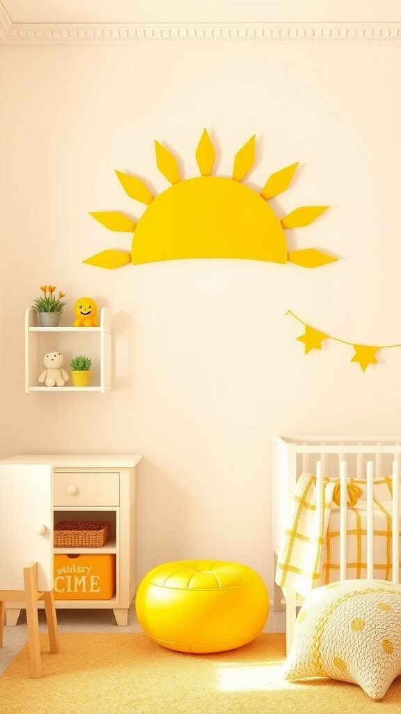 Sun wall decor in a pastel yellow nursery setting