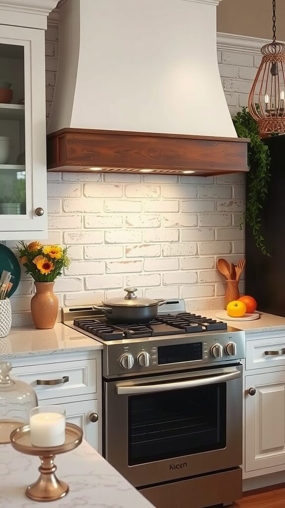 Kitchen featuring a rustic white brick backsplash behind a stove with white cabinets and wooden accents.