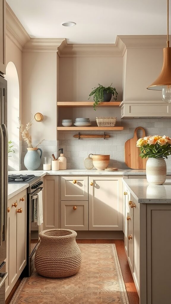 A cozy kitchen featuring taupe cabinets, a beige backsplash, and warm accents.