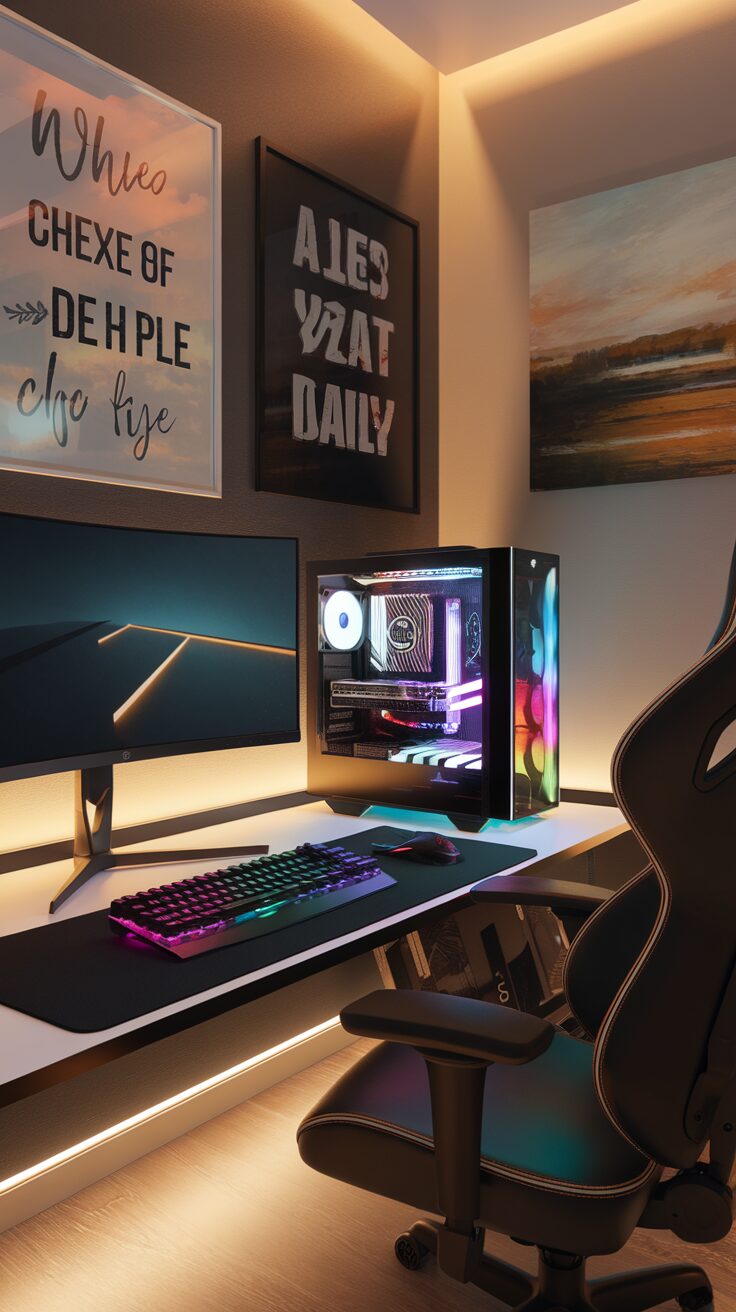 A stylish gaming setup featuring a modern desk, a colorful PC, and ambient lighting.