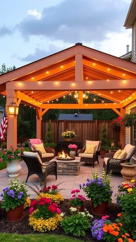 A cozy outdoor patio covered with a modern pergola, featuring comfortable seating and vibrant flowers.