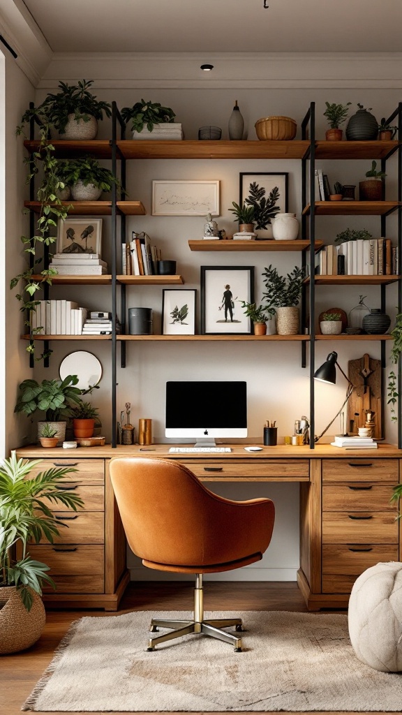 A warm and inviting home office featuring a wooden desk, plants, and a cozy chair.