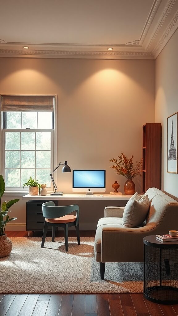 A cozy home office with soft lighting, featuring a computer desk, sofa, and plants.