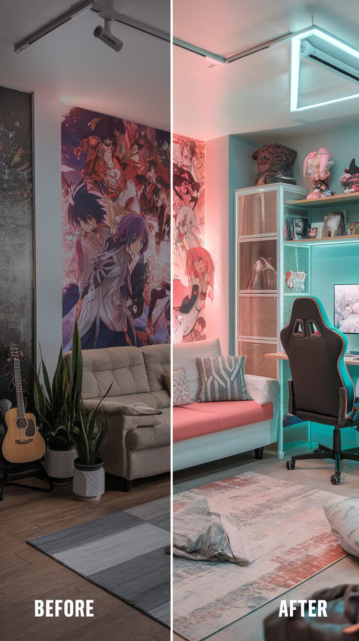 A visual comparison of an anime room makeover, showcasing a cozy green gaming setup.