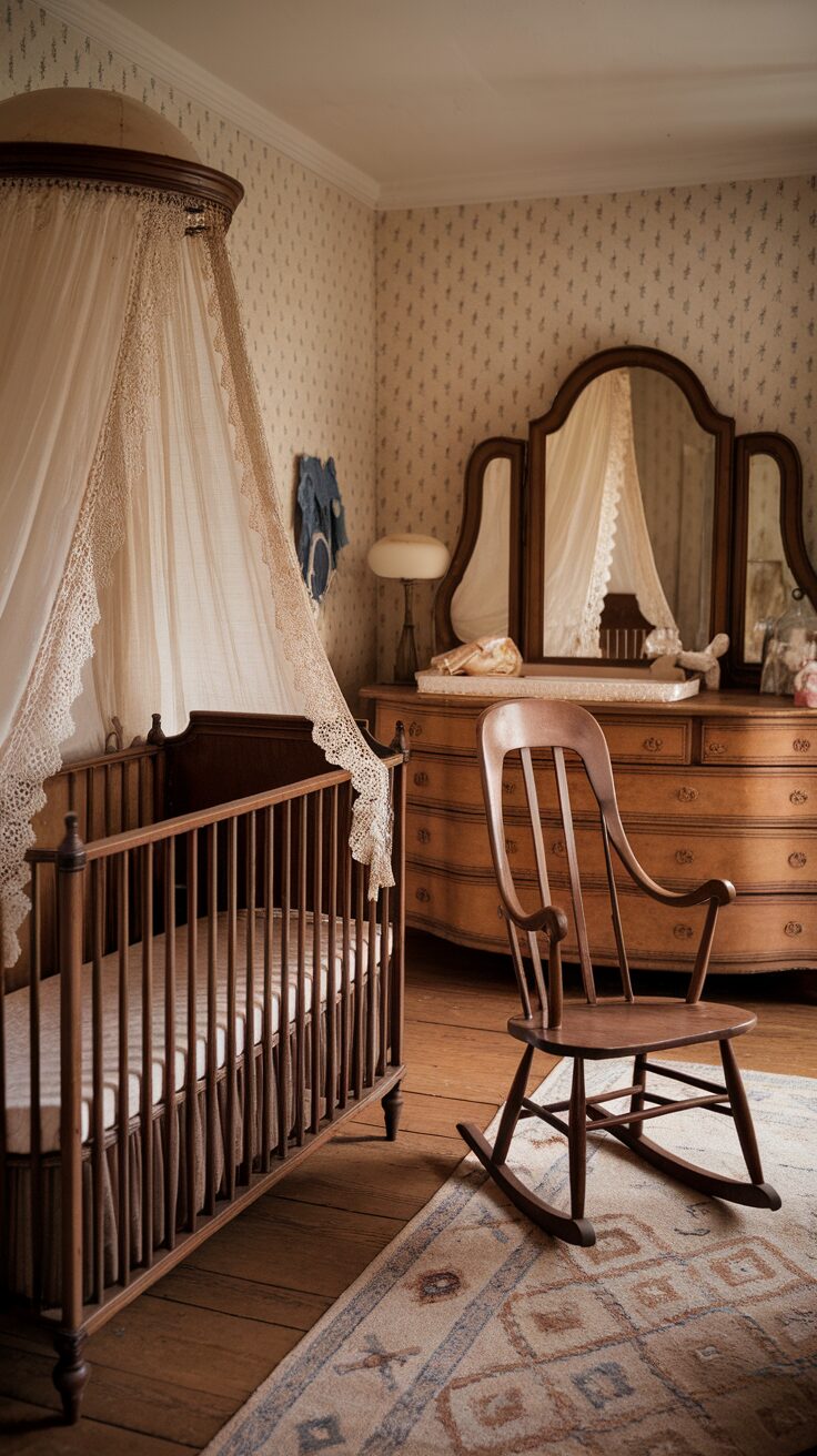 Antique baby nursery with a wooden crib and rocking chair.