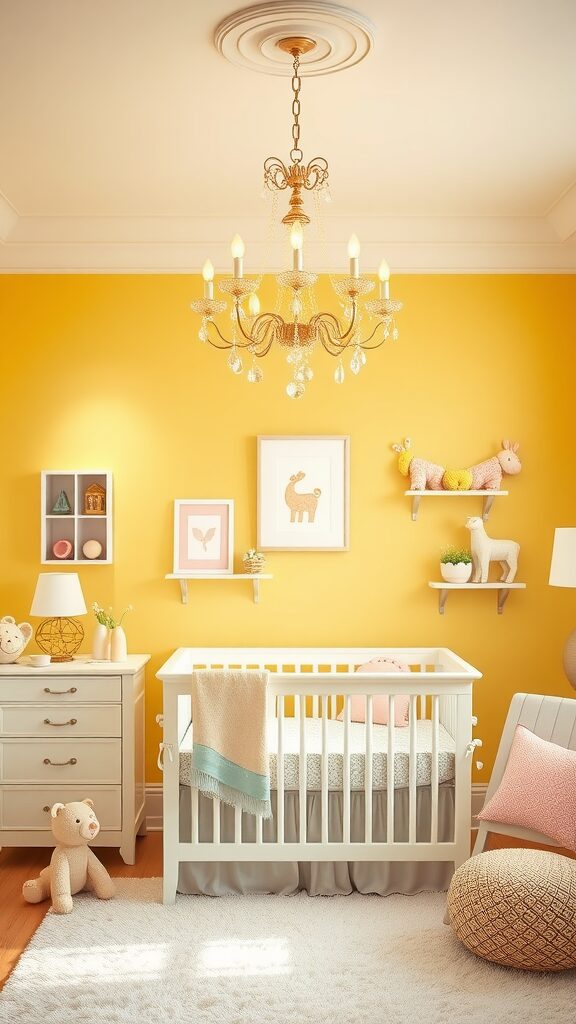 A bright and cheerful baby girl nursery with yellow walls, a crib, and playful decor.