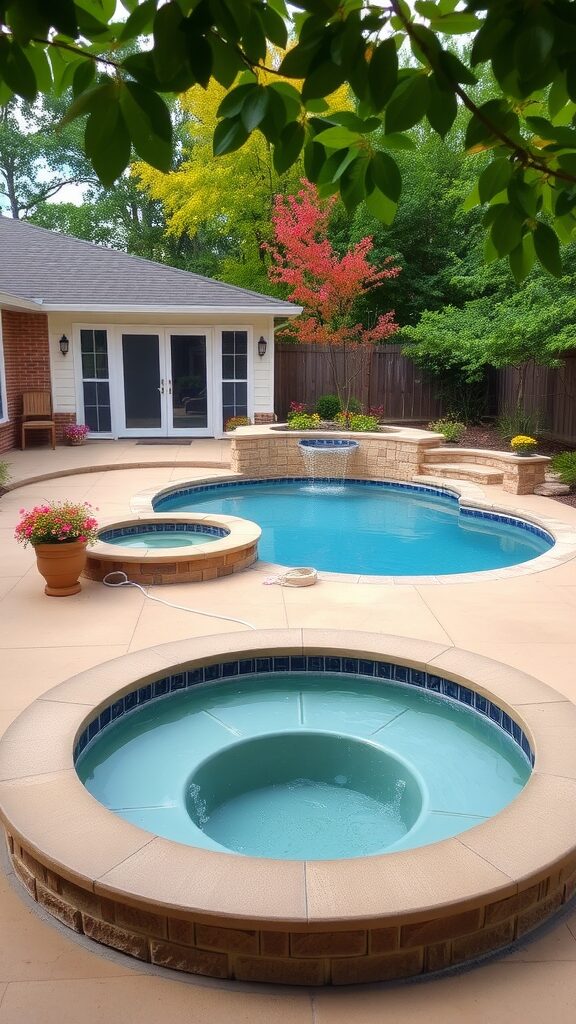 Backyard with a pool and jacuzzi, featuring a relaxing atmosphere and beautiful landscaping.