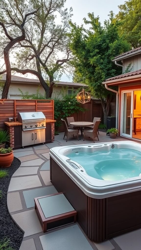 Cozy backyard with a hot tub, BBQ grill, and dining area surrounded by greenery.