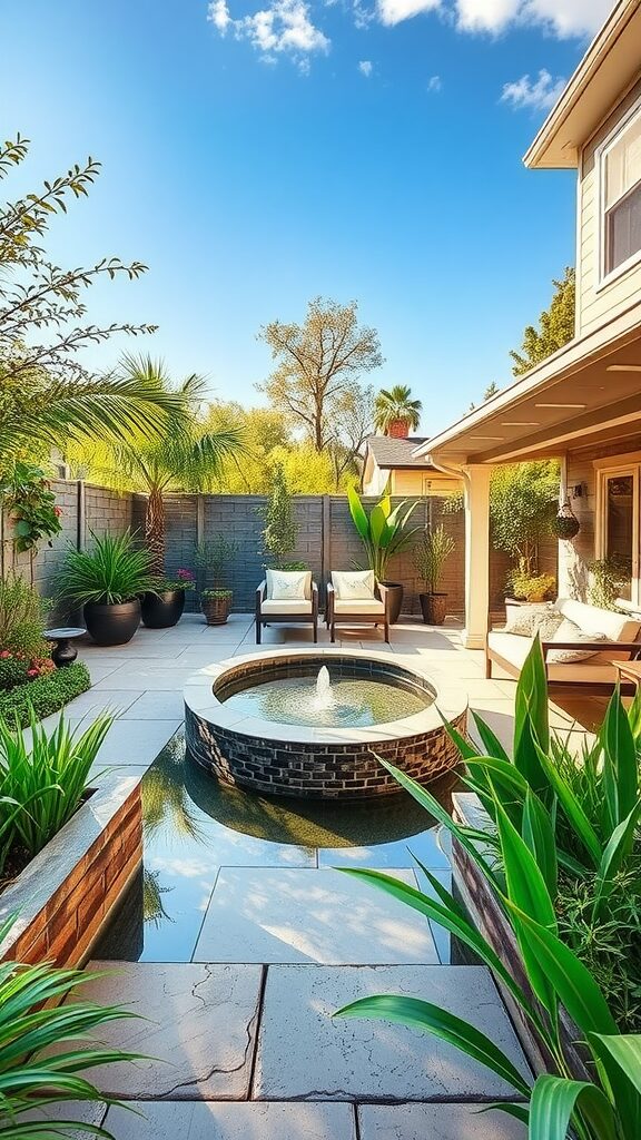 A beautifully designed backyard with a small fountain, comfortable seating, and lush greenery.