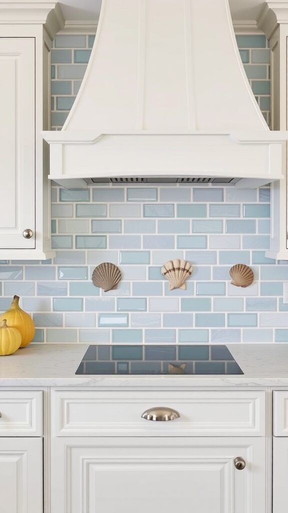 A kitchen with a light blue tile backsplash featuring seashell decorations and white cabinetry.