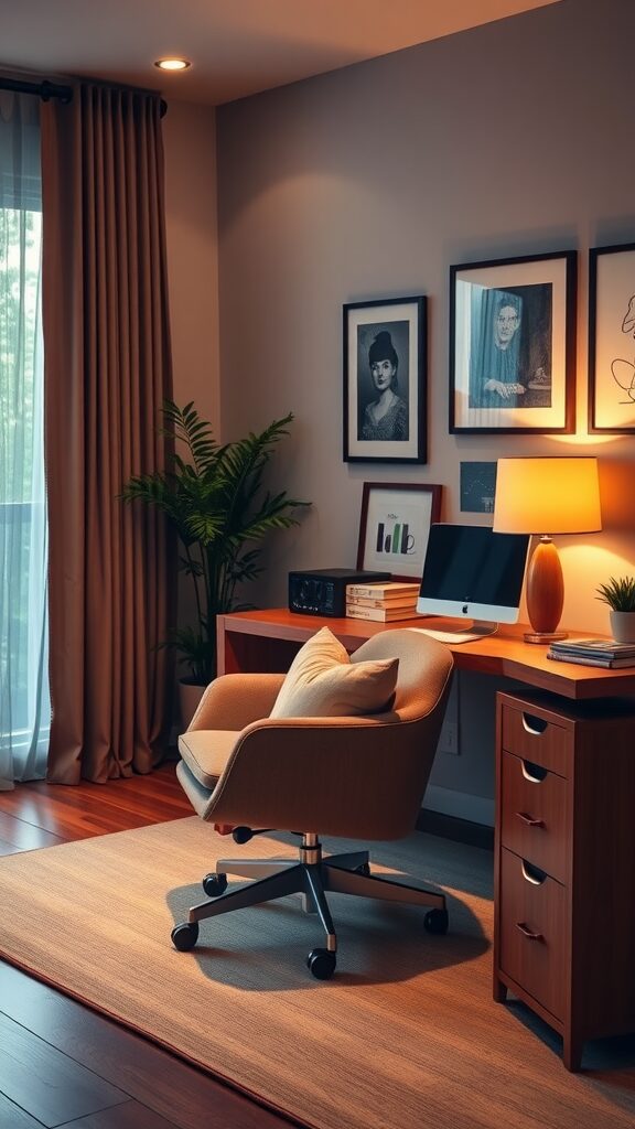 Cozy and stylish home office setup with a wooden desk, comfortable chair, and decorative artwork.