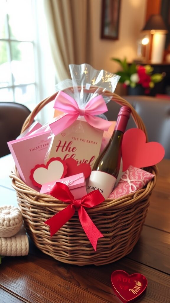 A Valentine's gift basket for men with snacks and heart decorations.