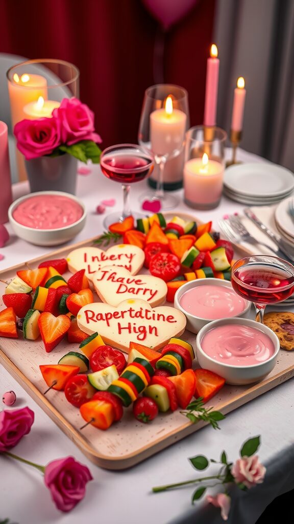 A beautifully arranged table with colorful fruit and vegetable appetizers, perfect for a Galentine's Day party.