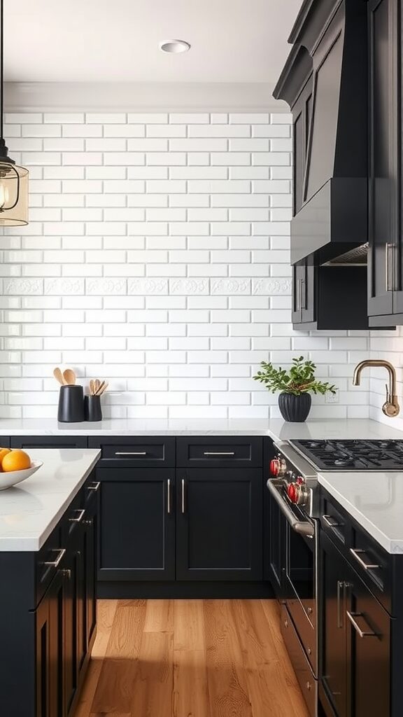 A modern kitchen featuring dark cabinets and a white brick backsplash.