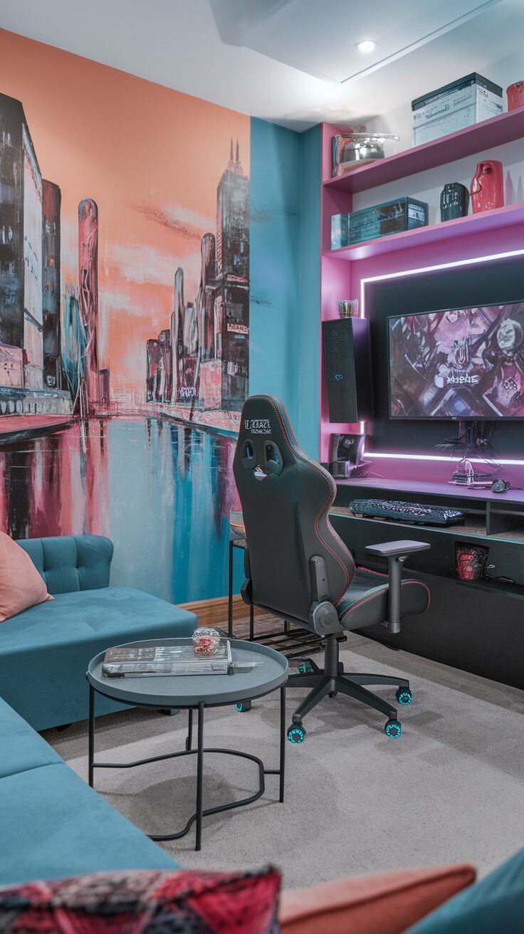 A cozy couple gaming room with stylish decor and functional gaming setup.