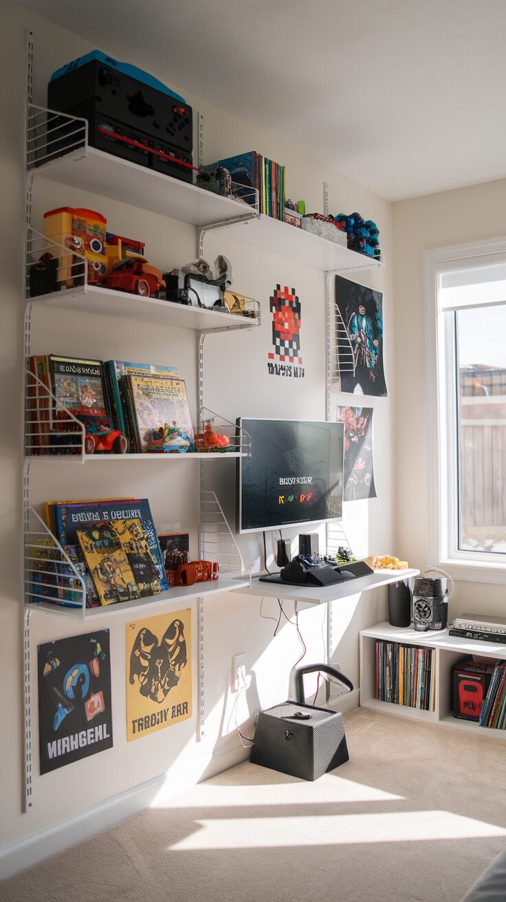 A small gaming bedroom setup with shelves displaying toys and games, a monitor, and gaming decor.