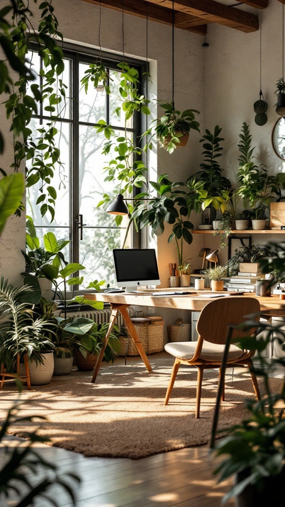 A nature-inspired home office filled with plants and natural light, featuring a wooden desk and chair.