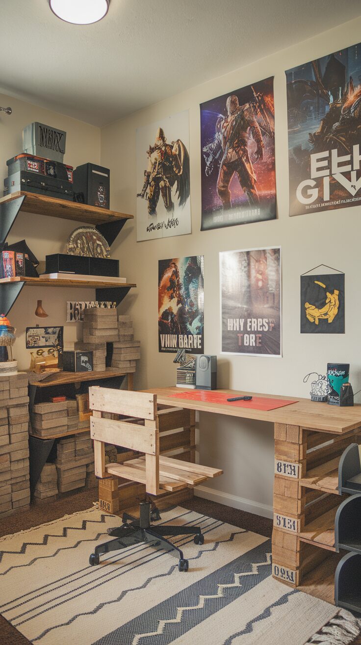 A stylish gaming room featuring posters on the wall, a wooden desk setup, and a cozy carpet.