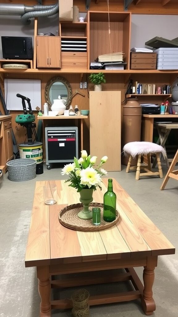 A simple wooden coffee table with a vase of flowers and a green bottle on a woven tray.