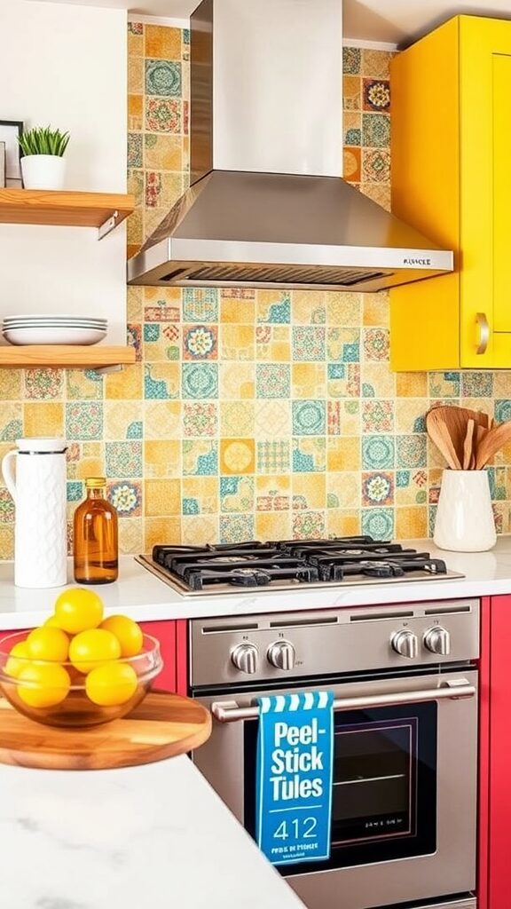 Colorful peel-and-stick backsplash in a modern kitchen with yellow cabinets and a red base.