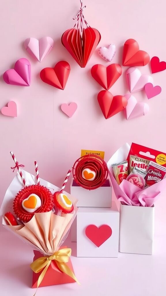 Colorful Valentine's Day gifts with heart decorations and candy arrangements