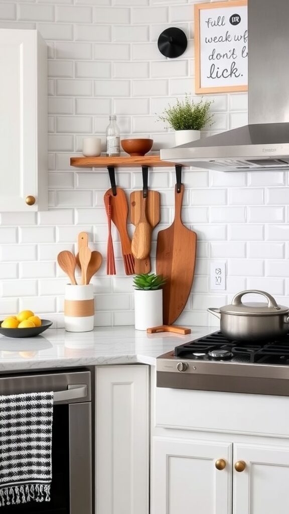 A stylish kitchen featuring a white brick backsplash with wooden kitchen utensils, a modern stovetop, and white cabinets.