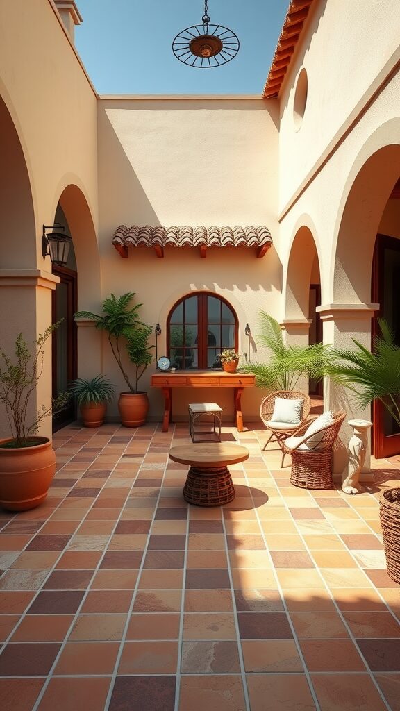 Mediterranean-inspired patio with terracotta tiles, plants, and cozy seating