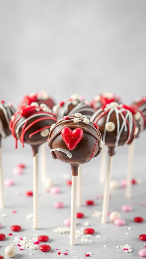 Chocolate-dipped cake pops decorated with hearts and colorful sprinkles for Valentine's Day.