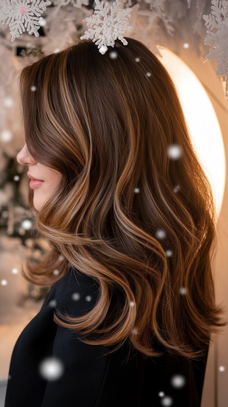 Brunette hair styled in waves with chocolate brown color and caramel highlights, adorned with snowflakes