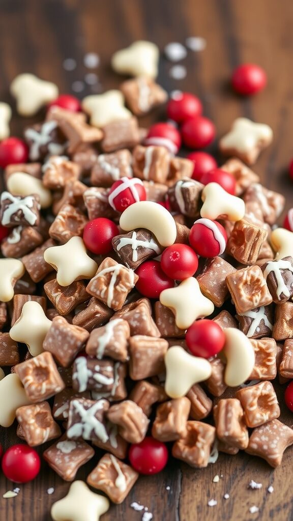 A colorful mix of chocolate, pretzels, and candies perfect for Valentine's Day snacks