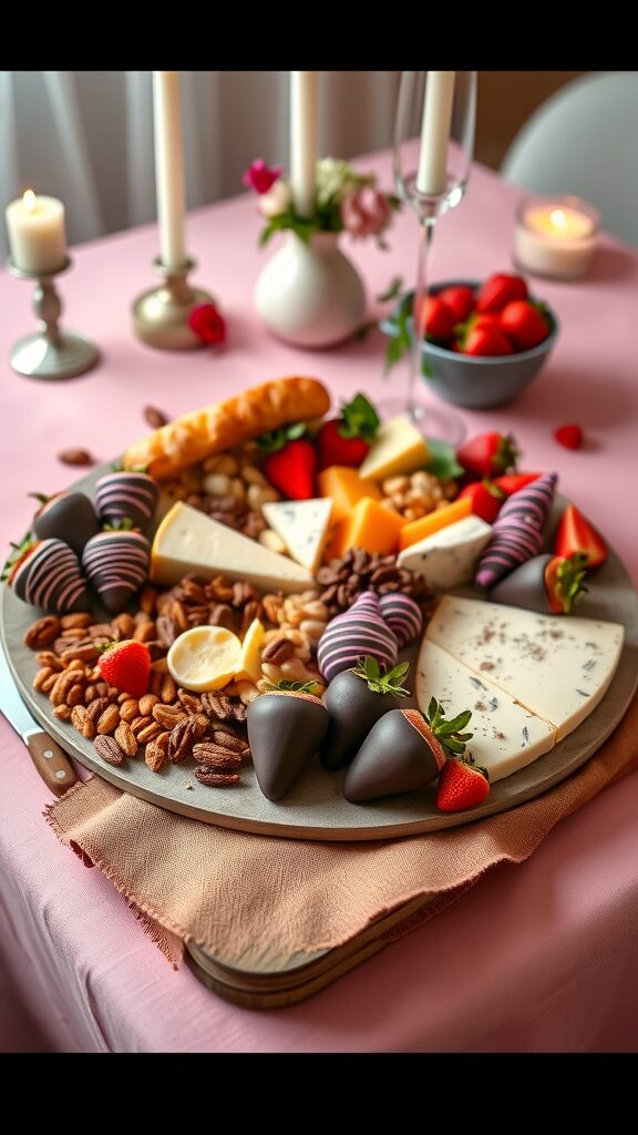 A delightful chocolate covered strawberry charcuterie board featuring an assortment of fruits, cheeses, and nuts, elegantly arranged for a party.