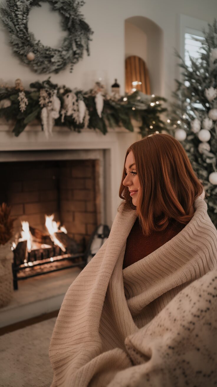 A woman with cinnamon spice hair wrapped in a soft blanket sitting by a warm fireplace, surrounded by festive winter decorations.