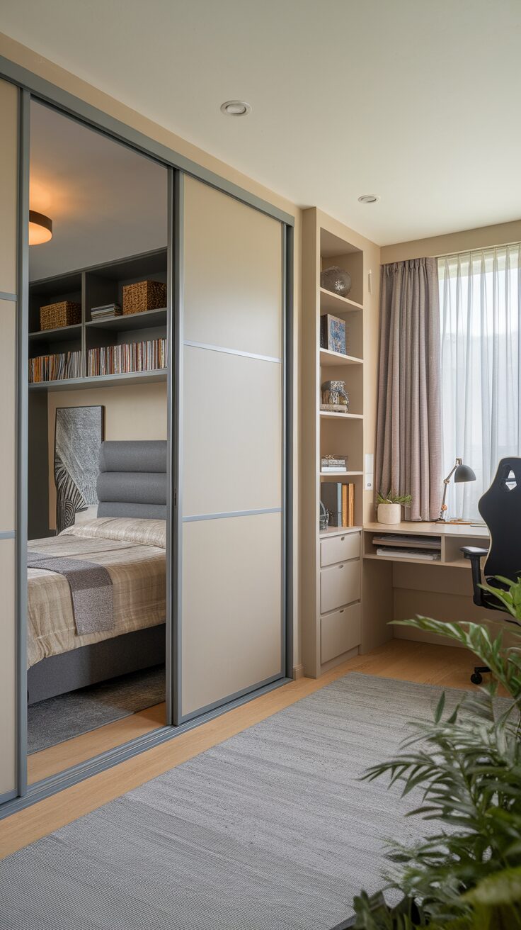 A stylish bedroom and gaming room combination featuring a bed and a gaming desk.