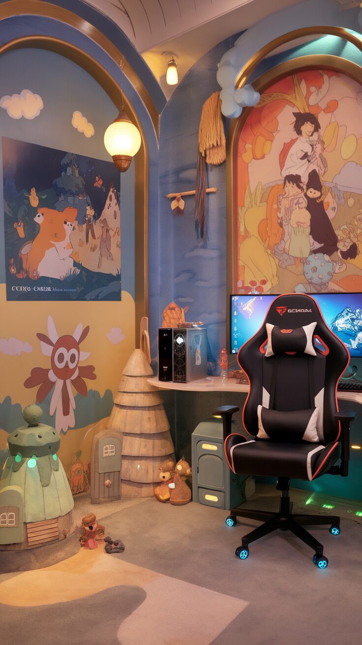 A cozy gaming setup inspired by Studio Ghibli, featuring colorful walls, a gaming chair, and whimsical decorations.