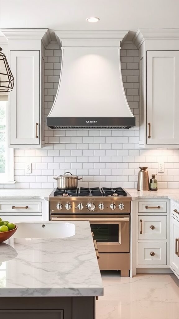 A modern kitchen featuring white cabinets, marble countertops, and a white subway tile backsplash.