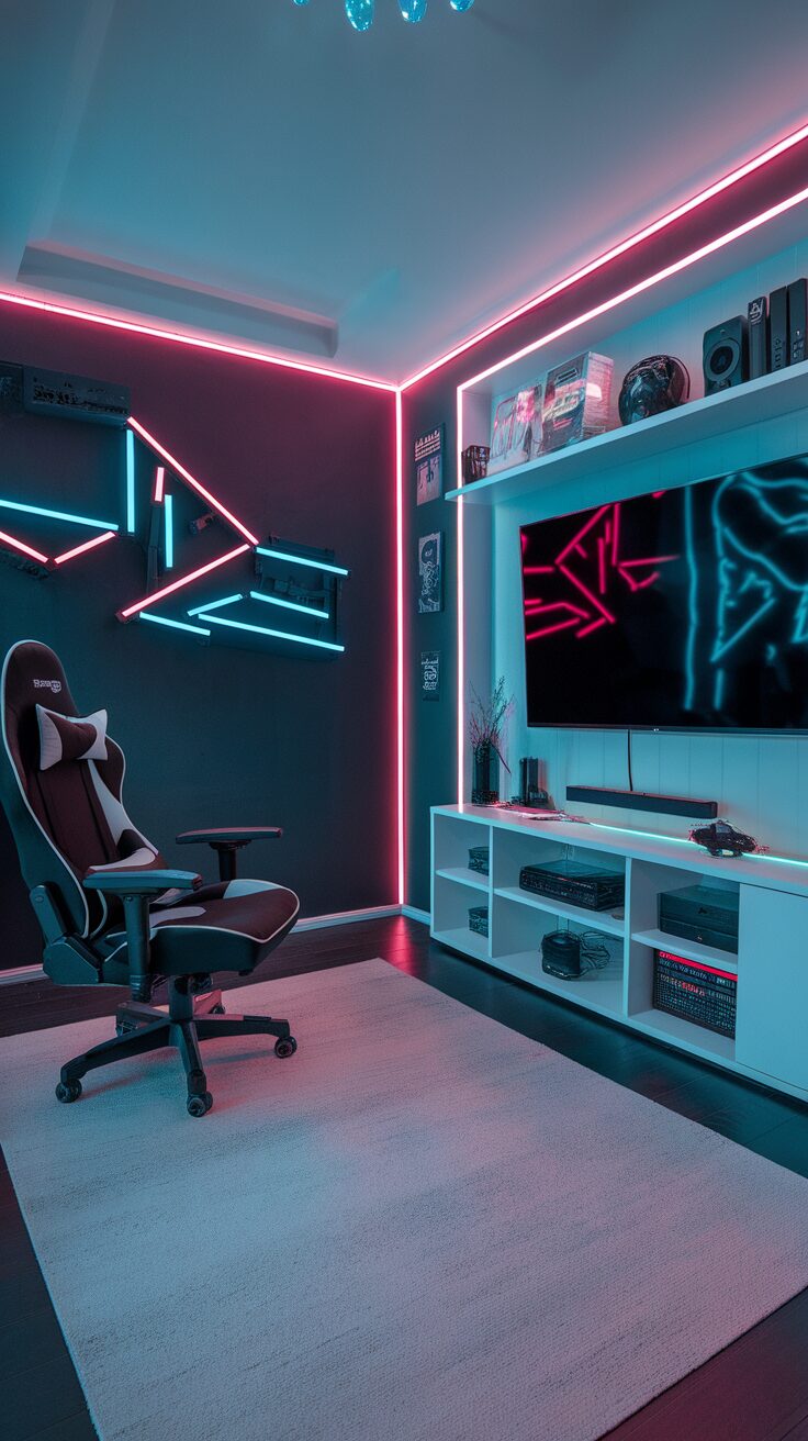 A cozy gaming room featuring neon lights, a pink gaming chair, and a sleek desk setup.