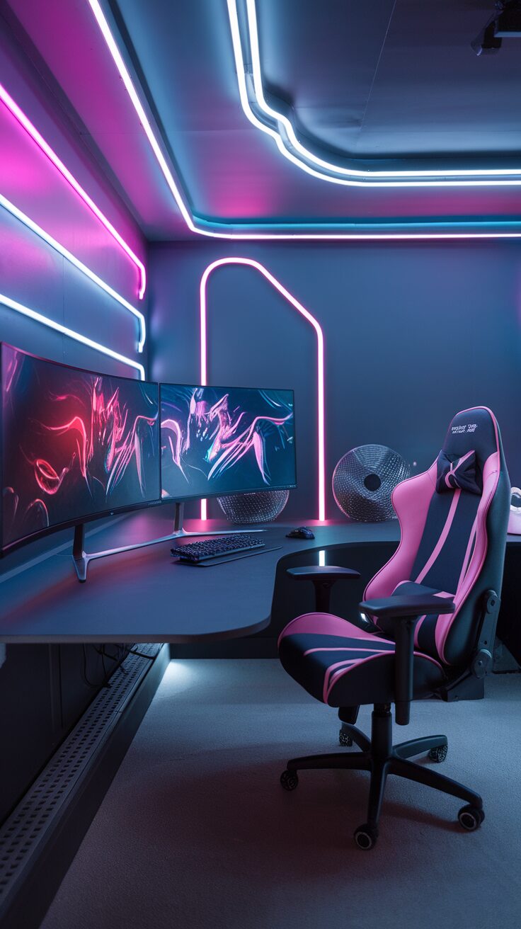 Stylish gaming room with LED lights and dual monitors.