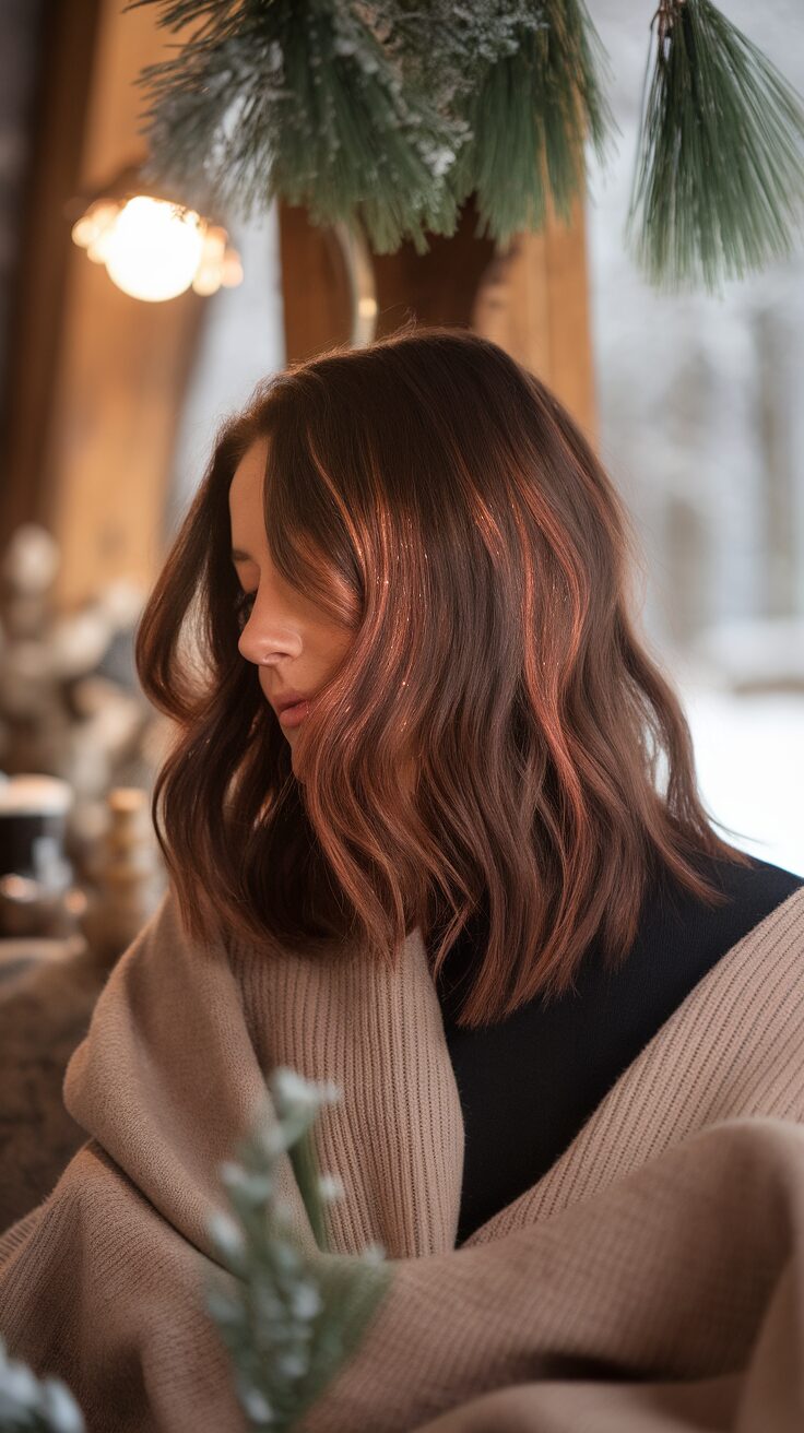 A woman with wavy hair featuring copper highlights, wrapped in a beige shawl, with wintery decor in the background.