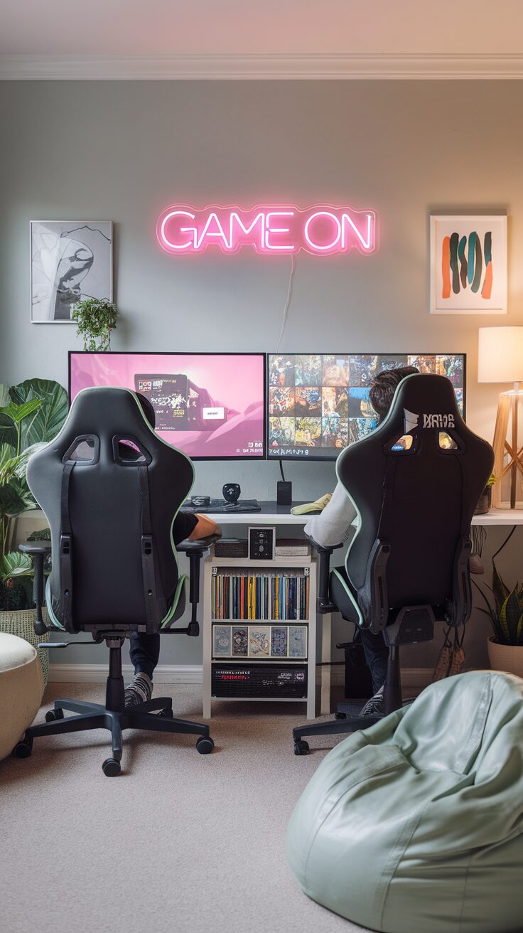 A gaming room with two gaming chairs facing dual monitors, featuring a neon 'GAME ON' sign, plants, and cozy seating.