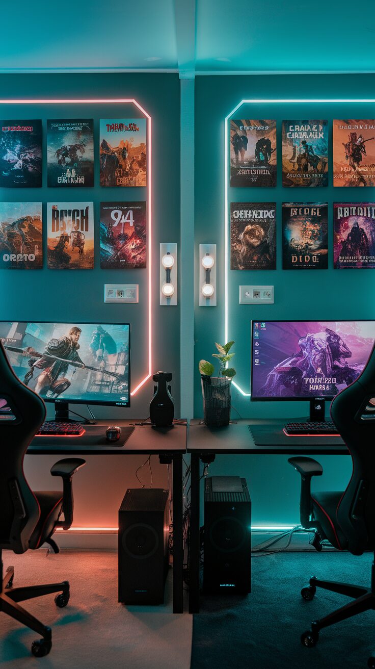 A stylish gaming room setup with two monitors, gaming gear, and colorful wall art.