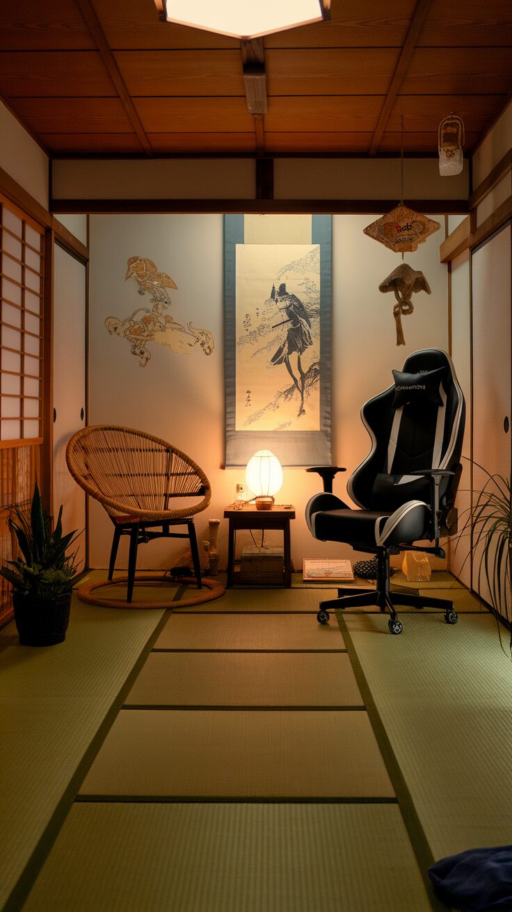 A cozy gaming room with Japanese decor featuring a black gaming chair, a round rattan chair, and warm lighting.