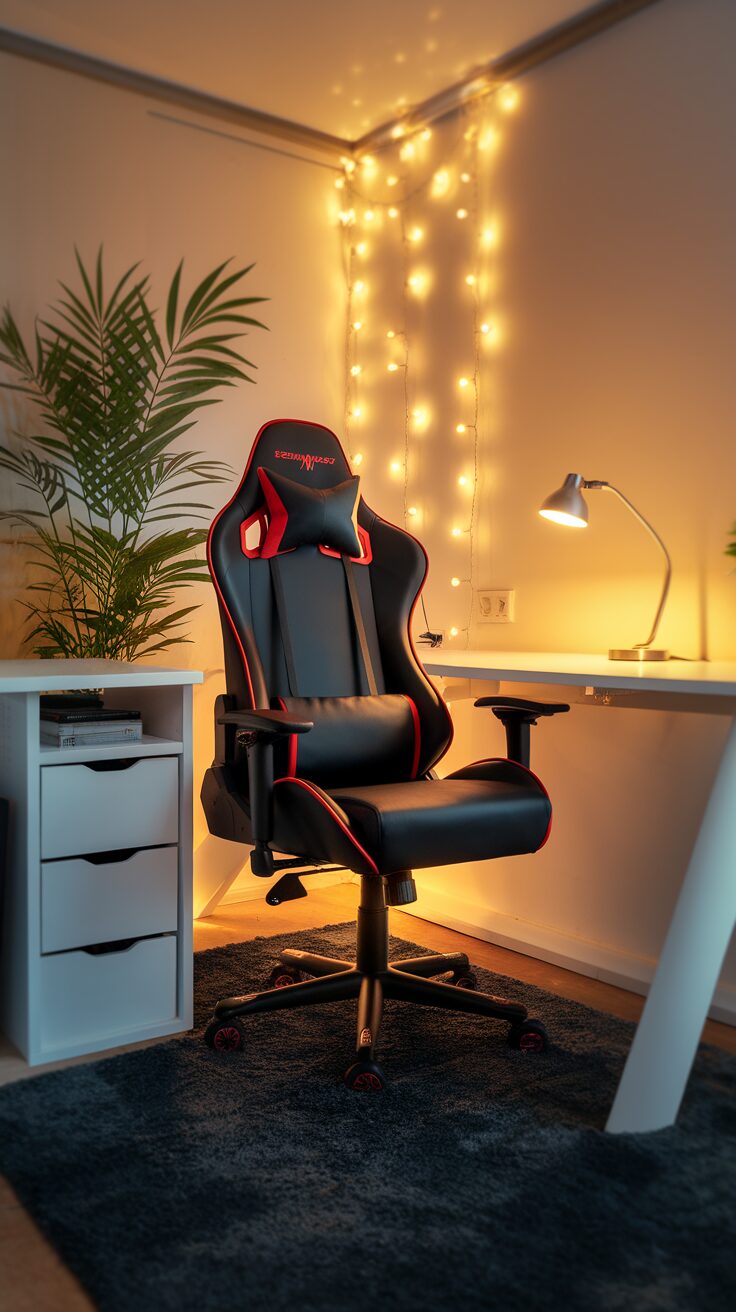 Cozy gaming setup featuring a stylish gaming chair and warm lighting.