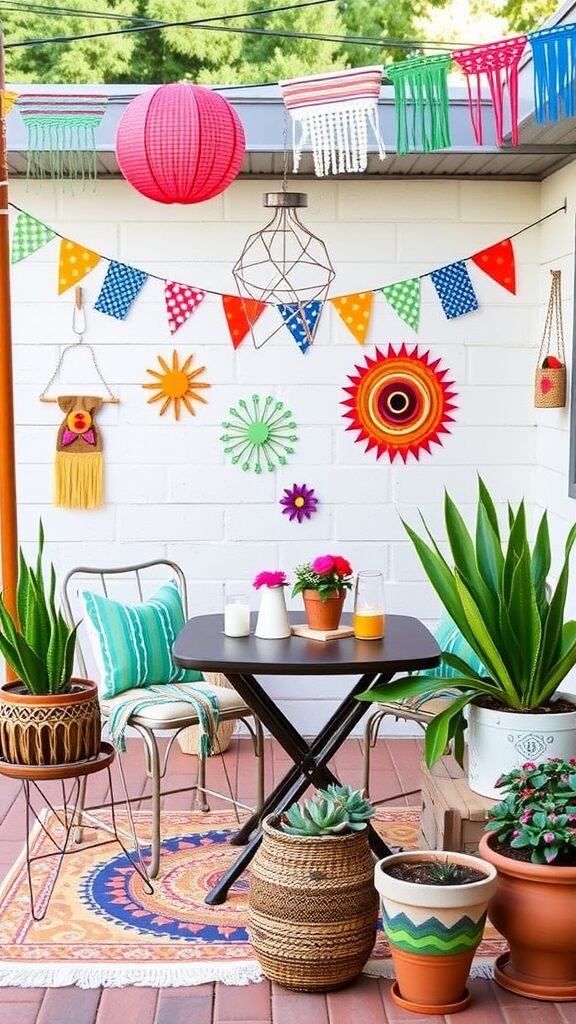 A vibrant and colorful DIY patio setup featuring plants, decorations, and a small table.