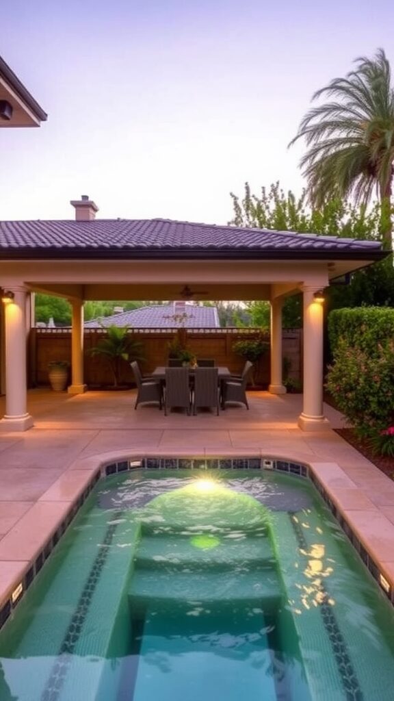 A beautiful jacuzzi under a covered patio, surrounded by greenery and outdoor furniture.