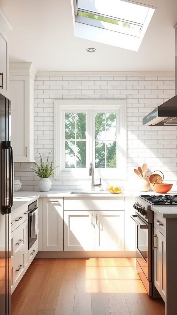 Bright kitchen with white brick backsplash and natural light