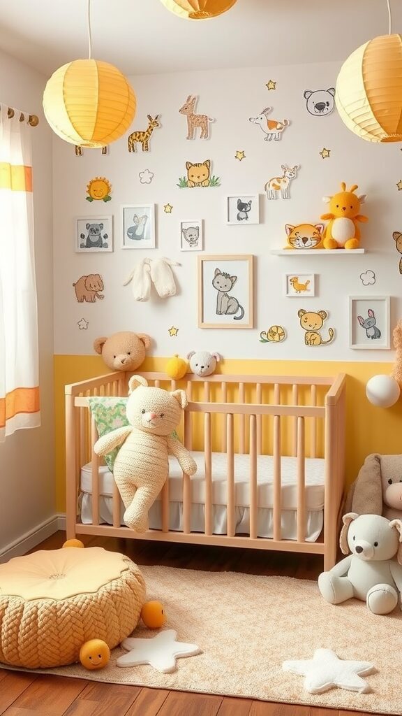 A cozy nursery with yellow walls, animal decor, and soft toys, featuring a crib and playful accents.