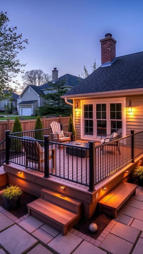 A beautifully lit patio featuring wooden decking, chairs, and decorative plants, showcasing stylish outdoor space design.