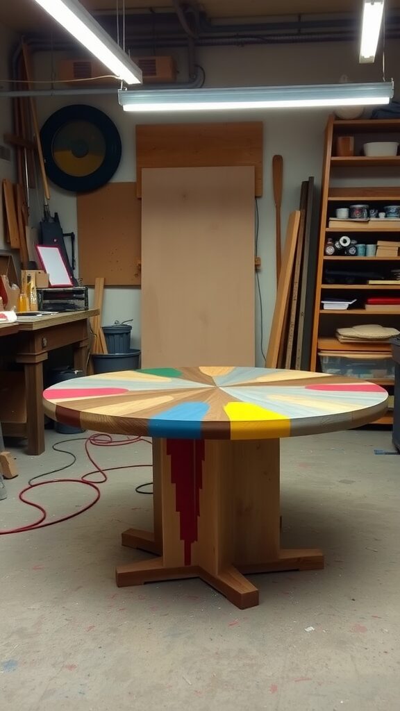 A colorful round dining table in a workshop, showcasing a vibrant design.