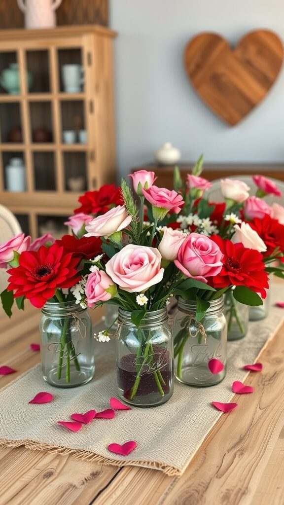 Colorful flower arrangement in mason jars on a rustic table for Valentine's decor